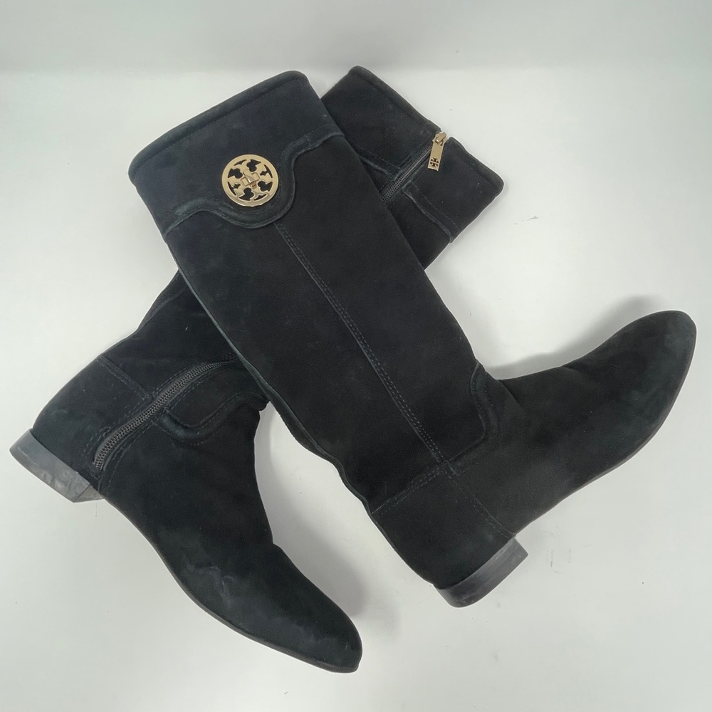 Tory Burch Women's Size 8.5 Selma Softy Suede Riding Logo Black Boots 4196